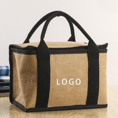 China Waterproof Custom Portable Soft Canvas Bag Insulated Jute Picnic Cooler Bag Fashion Square Aluminum Foil Lunch Food Cooler Bag for sale