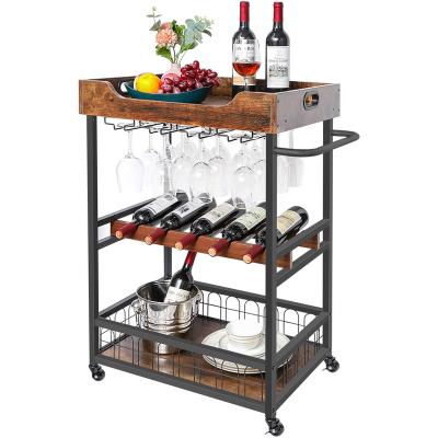 China Popularity Modern Kitchen Serving Push Bar Cart with Storage and Glass Rack for sale