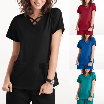 China Hospital Plus Size Short Sleeve 10 Colors Printing Medical Nurse Uniforms Scrub Top for sale