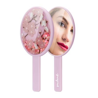 China Sanlead Traditional Quicksand Makeup Mirror Round Mirror Hand Held Compact Cosmetic Glitter Cute Hand Mirror for sale