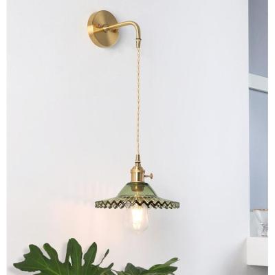 China Nordic Brass Pendant Lights Nordic Glass Green Hat LED Wall Lamp, Corridor Bedside Dining Room Mirror Base LED Light Mounted Copper Wall Lamp for sale