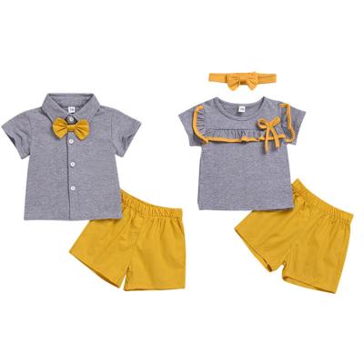 China New Fashion Summer Kids Anti-pilling Sibling Suit Bow Sleeve T-shirt+Shorts Children Boys Girls Clothes Set Wholesale Wear children for sale