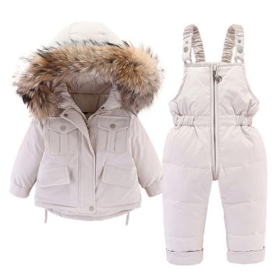 China Wholesale Casual 2 Piece Jacket Set Winter Striper Jacket Children Kids Thicken Fur Collar Velvet Warm Jumpsuit for sale