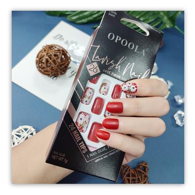 China 24 PCS Design Stick On Mix Design False Art Manicure Short Square Shape Artificial Designer Press On Nails Tips for sale