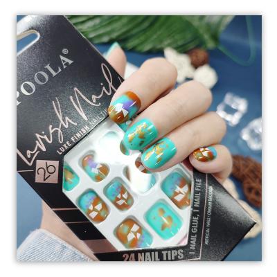 China 24PCS Included Design Glue Designer False Manicure Green Press On Square Short Nail Tips Mix Design Artificial Nails For Women for sale