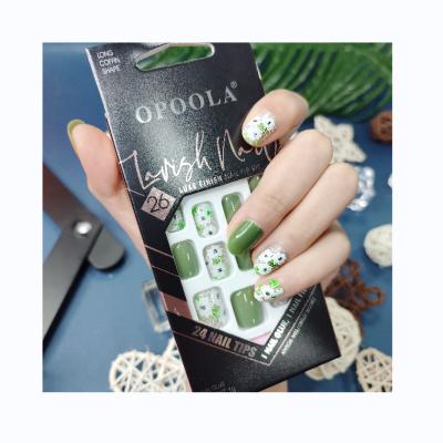 China Wholesale Design Private Label Fake Nails Green Short Square Shape Full Cover Acrylic Artificial Nails Press On Nail Tips for sale