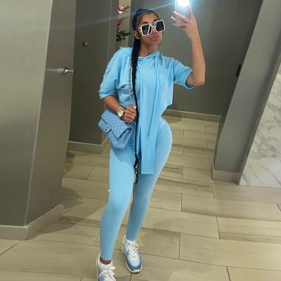 China Women Two Piece Sets Summer 2 QUICK DRY Streetwear Teams Hooded Top Pants Suits Blue Women Casual Matching Sweatsuit Set Tracksuit for sale