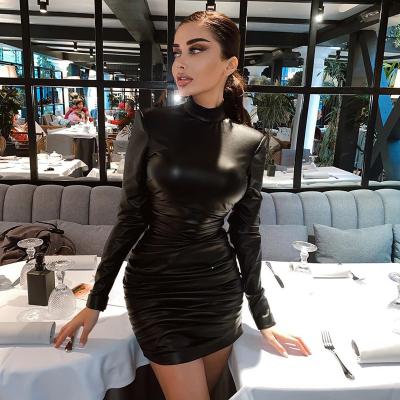 China 2020 Sustainable Long Sleeve PU Leather Shoulder Padded Sexy Stacked Mini Dress Autumn Winter Women Fashion Streetwear Party Wear for sale