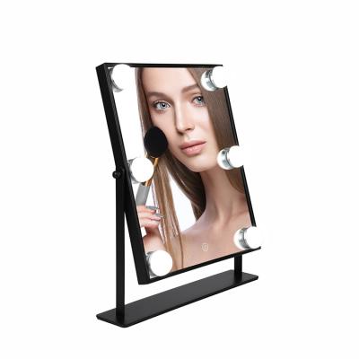 China Eclectic Metal Stand 360 Degree Square Hollywood Makeup Dressing Table Mirror with 6 Light Bulbs Tabletop Mirror for sale