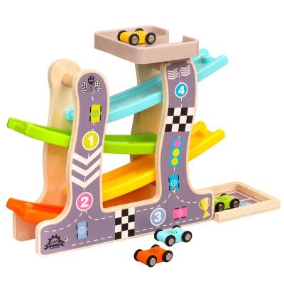 China Children's toys early childhood education fun wooden four way sliding racing car parent-child interactive puzzle toy for sale