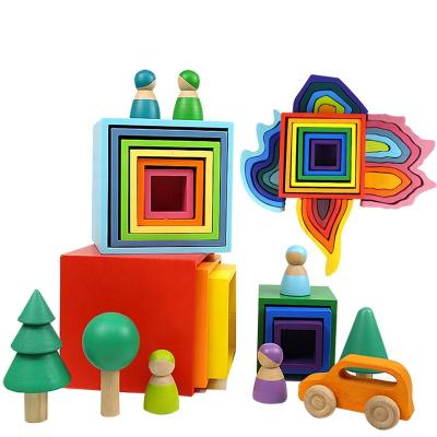 China Toy Wooden Rainbow Building Block Educational Toys For Children Early Education Assembly 12 Color Shaped Matching Building Blocks for sale