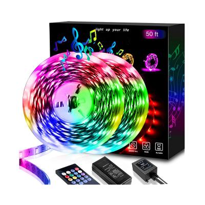 China Wholesale 12V 24V 50ft 15M 5050 RGB Residential Running Sync Music High Sensitive Microphone Smart Led Strip Lights With 20 Remote Keys for sale