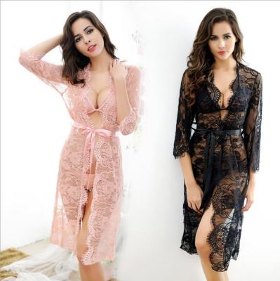 China Women's Long Sleeve Lace Sleepwear Plus Size Nightgown Underwear Lace Nightdress Breathable Sexy Lingerie Three Piece Set for sale