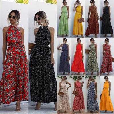 China 2021 New Design Summer Vintage Women Clothing Multicolor Floral Printing Casual Anti-Static Maxi Dresses Long Dress Halter Belts for sale