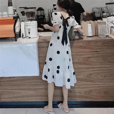 China 2020 New Design Women Anti-static French Puff Sleeve Dot Print Elegant Slim Backless Dresses For Summer for sale