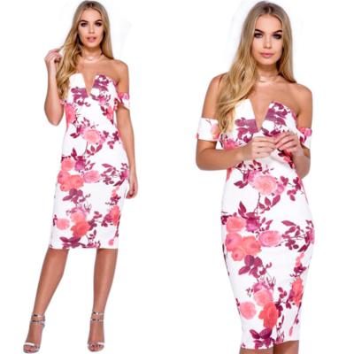 China Fashion Sale Women Clothing V Neck Floral Print Long Summer Deep Sexy Hot Anti-Static Strapless Bodycon Midi Casual Dresses for sale