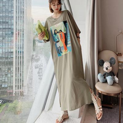 China Streetwear Fashion Style Women Anti-Static Korean Casual Graphic Cotton Pencil Long Dress Summer Pattern Pockets Maxi T-shirt Dresses for sale