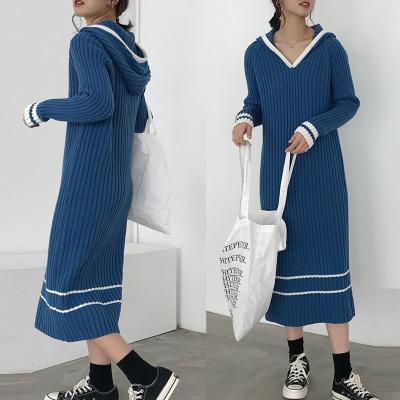 China Women's Long Sweaters Patchwork Girls Winter Fashion Warm Outfit Ribbed Hooded Sweater Anti-Shrink Striped Dress Knitted Maxi Sweater Dresses for sale