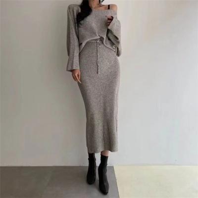 China Latest Breathable Ladies Knit Long Skirt Sweater Dresses Off Shoulder Knits Casual Midi Knitted Two Piece Sweaters Dress For Women for sale