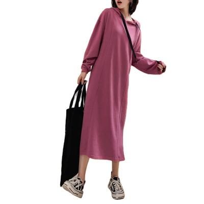 China 2021 New Arrival Autumn Fashion Women Cotton Long Sleeve Korean Oversized Casual Plain Breathable Midi Hooded Hoodies Dress For Woman for sale