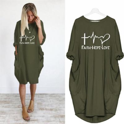 China 2021 New Arrivals Breathable Oversized Fashion Casual Long Sleeve Loose Printing Women Plus Size Cotton Printing Midi T-shirt Dresses for sale