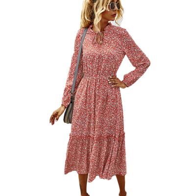 China 2020 Latest Design Anti-Static Ladies Long Sleeve Chiffon Floral Ruffled Long Casual Boho Midi Dresses For Women Vestidos for sale