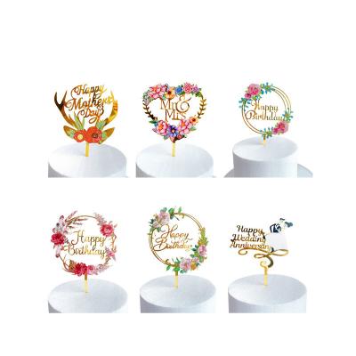 China Modern Wholesale Gold Acrylic Birthday Cake Toppers Flower Iron Birthday Party Supplies For Cake Tool Decoration for sale