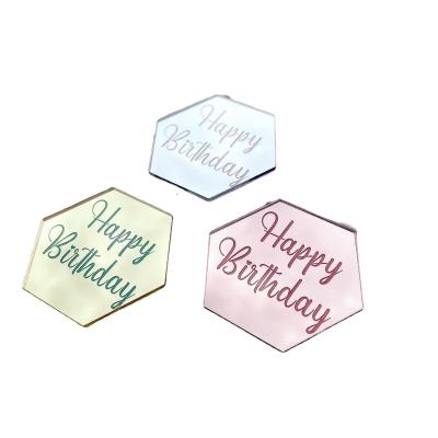 China Modern Hexagon Laser Engraving Acrylic Cupcake Topper Gold Cake Toppers Happy Birthday Decoration for sale