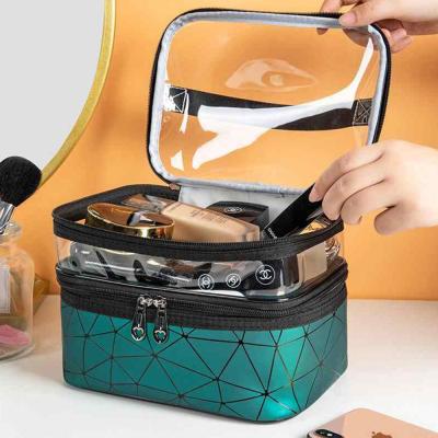 China Customized Women Girls Brushes Travel Kit Organizer Double Layer Custom Make Up Bag Makeup Clear Bags for sale