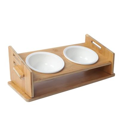 China Viable Light and Convenient Bevel Raised Stand Factory Direct Sale Adjustable Wooden Dog Cat Ceramics Double Bowl for sale