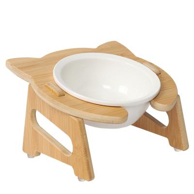 China 2021 New Style Manufacturer Small Cat Dog Bamboo Feeding Ceramic Bowl Viable Wholesale Design ODM/OEM With Wooden Stand for sale