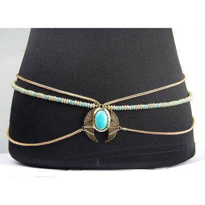 China BOHEMIA European and American natural chain waist stone pine sexy exaggerated body chain for sale