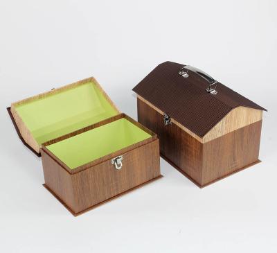 China Handmade Special Grain Design Paper Wooden Cardboard Box With House Shape With Metal Handle for sale