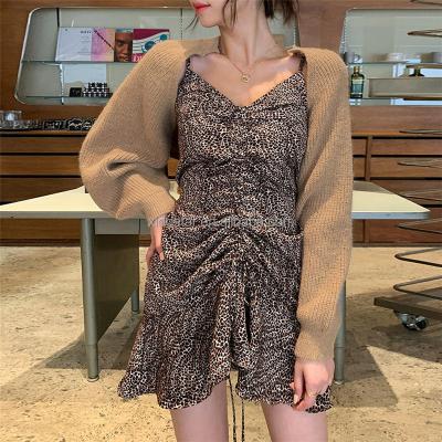 China Autumn New Women Fashion Leopard Suspender Dress Breathable Long Sleeve Coat Two Piece Set for sale