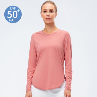 China Sunscreen Long Sleeve UPF50+ Yoga Women Outdoor Loose T-shirt 12530 Running Fitness Anti-ultraviolet UV Breathable Sportswear Top for sale