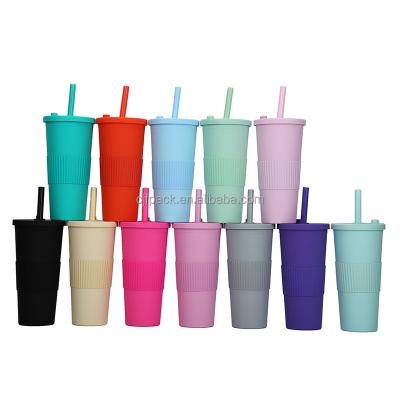 China Stocked CJF Custom 700ml Double Layer Reusable Cups Colorful Plastic Outdoor Party Tumbler Cup With Straws for sale