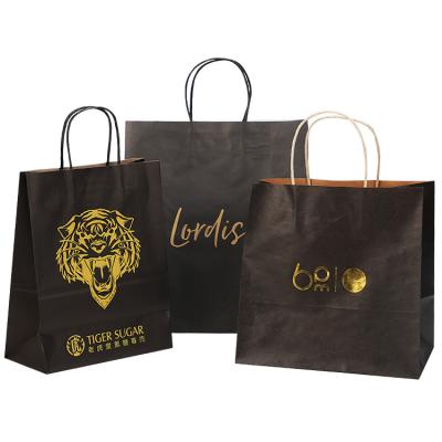 China Recyclable Gold Paper Bag Hot Foiled Black Kraft Paper Bag for Coffee Cups Take Away Shopping Bag for sale