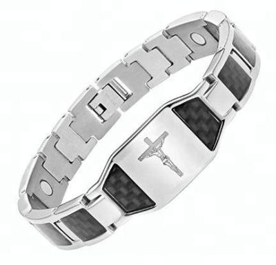 China Mens Fashionable Cross Titanium Health Fiber Carbon Crucifix Christian Jesus Magnetic Bracelet for sale