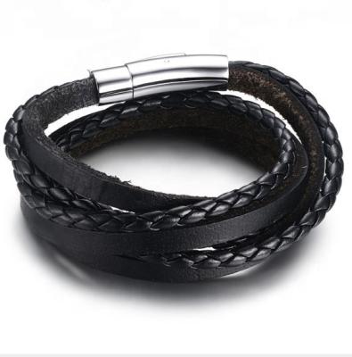 China Punk Customized Wholesale Stainless Steel Magnetic Clasp 3 Pieces Clasp Braided Leather Bracelet Men for sale