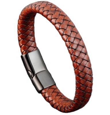 China Vintage Hot Sales Personalized Stainless Steel Magnetic Clasp Men's Retro Braided Brown Leather Bracelet for sale