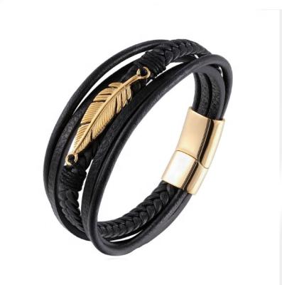 China CLASSIC Magnetic Handmade Multi Strand Feather Clasp New Arrival Stainless Steel Charm Leather Bracelet for sale