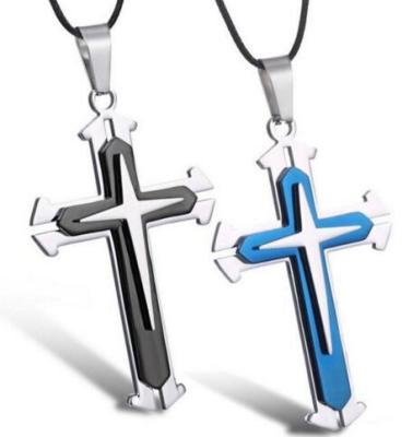 China Hot Selling Men's Necklace Stainless Steel Three Layer European Fashion Multicolor Cross Pendant Jesus Cross Charm for sale