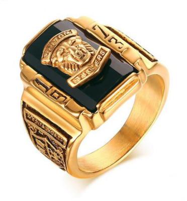 China Stylish Europe And USA IP Gold Plating Walton Tiger Navy Stainless Steel Ring Man Personalized Ring Retro With Glass Stone for sale