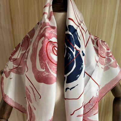 China Custom Wholesale Square Silk Scarf Flower Rose Printing Large Lady 90*90cm Satin Logo Square Silk Shawl Scarves Silk Hijab for sale