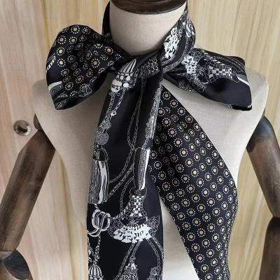 China Long 100% Horse Silk Pattern Printed Black Twill Silk Hand Made Real Roll Chain Scarf Long Neck Scarf Bag Band For Women Lady for sale