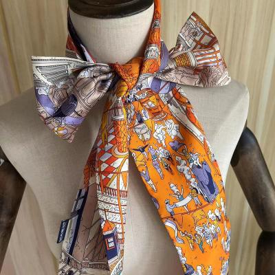 China Long 100% Brand Design Neck Scarf Silk Twill Hand Made Real Roll Silk Bag Orange Printed Stripe Long For Women for sale