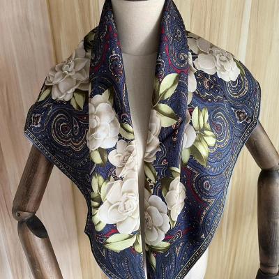 China Classic Square Flower Design Scarf 90*90cm Pure Silk Hand Made Roll 100% Square Head Scarf Neck Scarf For Women Muslim Hijab for sale