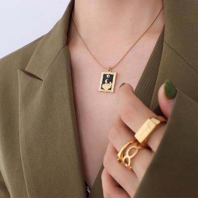 China FASHIONABLE C&J Style Picture Frame Girl Moon Drop Oil Titanium Stainless Steel French 18k Gold Plated Clavicle Chain Necklace for sale