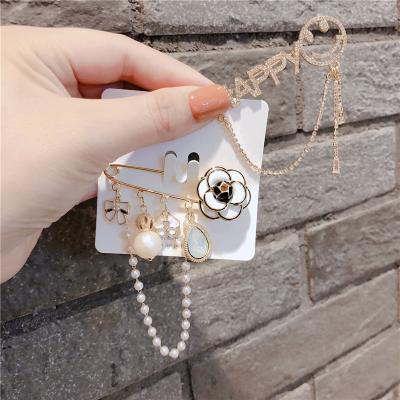 China Fashionable Elegant Brooch C&J CHA Letter Camellia Pearl Rhinestone Jewelry Brooch for sale