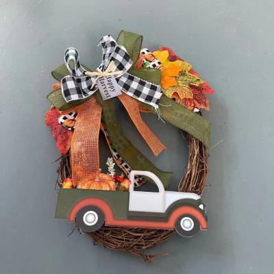 China HB-282 Farmhouse Fashionable Christmas Wreath with Ribbon Bow for Outdoor Autumn Harvest Pumpkin Front Door Wreath for sale